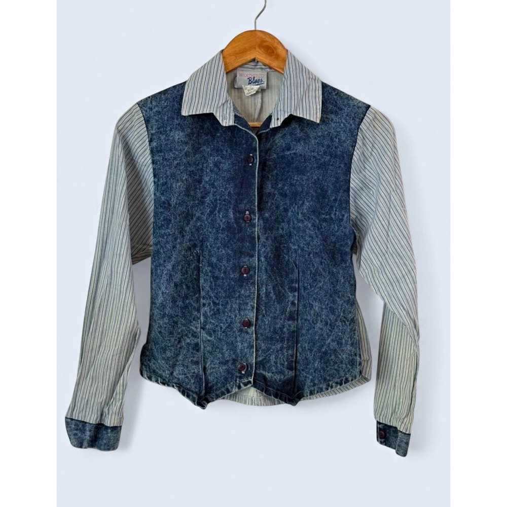 VTG 80s Alt Weathered Blues Denim Cotton Acid Wash Long Sleeve Button-Up Sz M